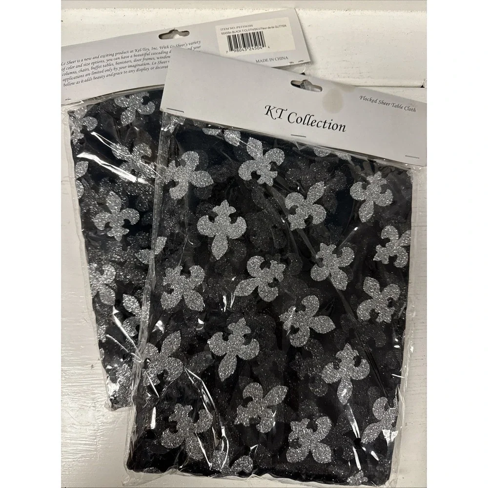 2 Black Flocked Sheer organza Fleur De LIS Silver Glitter 55